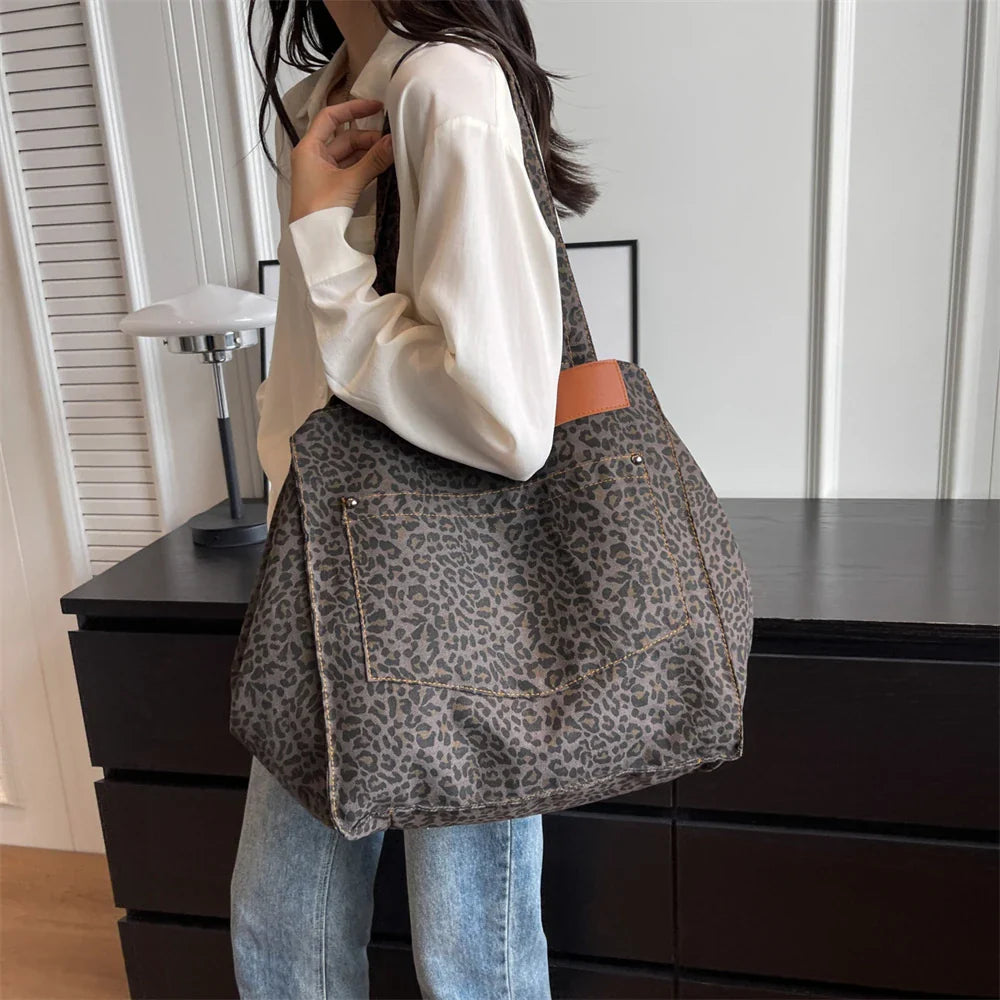 Oversized Shoulder Bag with Leopard Print