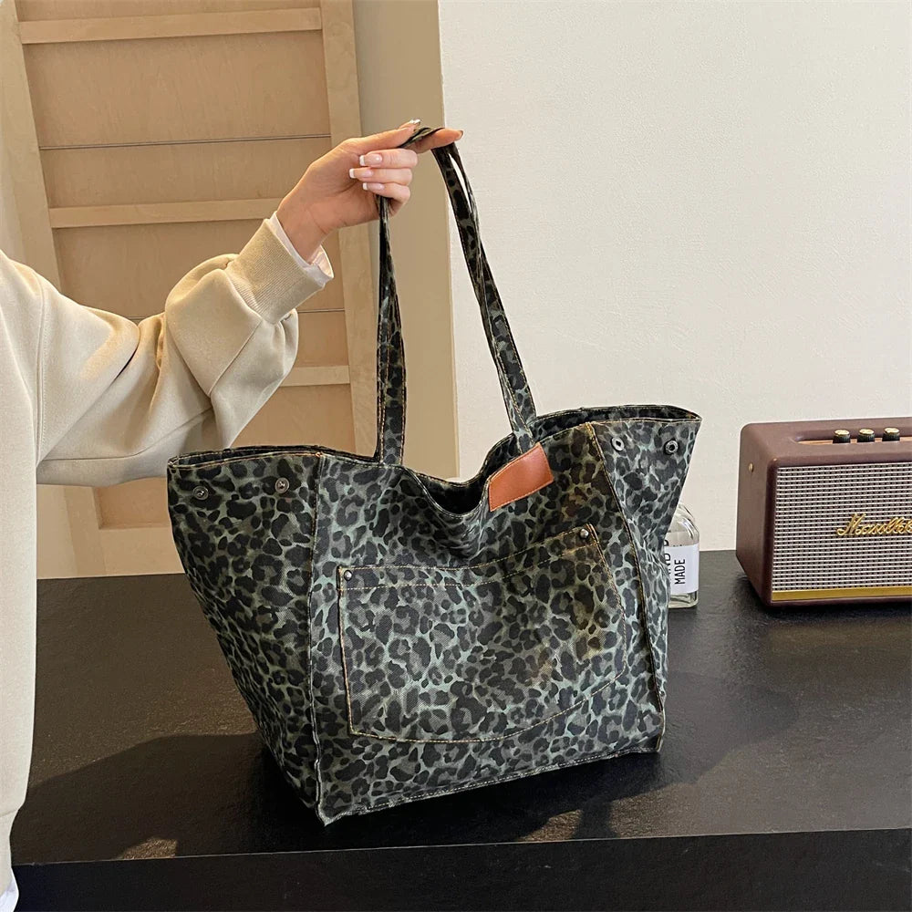 Oversized Shoulder Bag with Leopard Print
