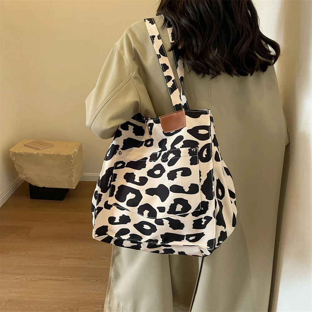 Oversized Shoulder Bag with Leopard Print