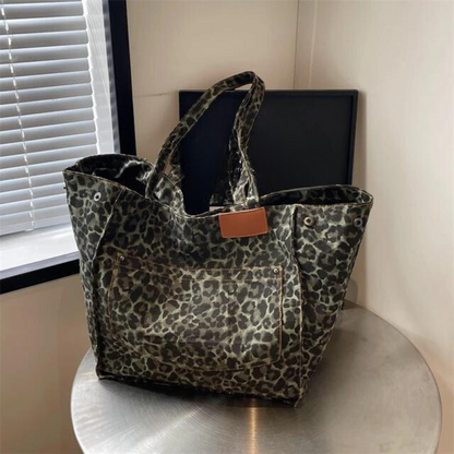 Oversized Shoulder Bag with Leopard Print