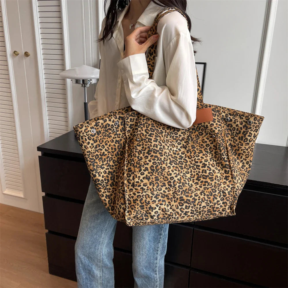Oversized Shoulder Bag with Leopard Print