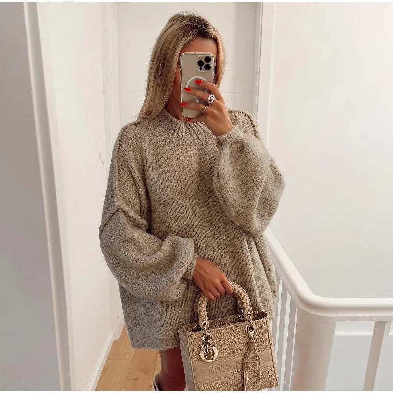 Oversized knitted jumper for women with stand-up collar