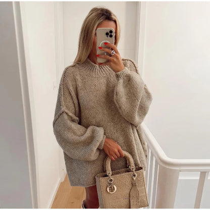 Oversized knitted jumper for women with stand-up collar