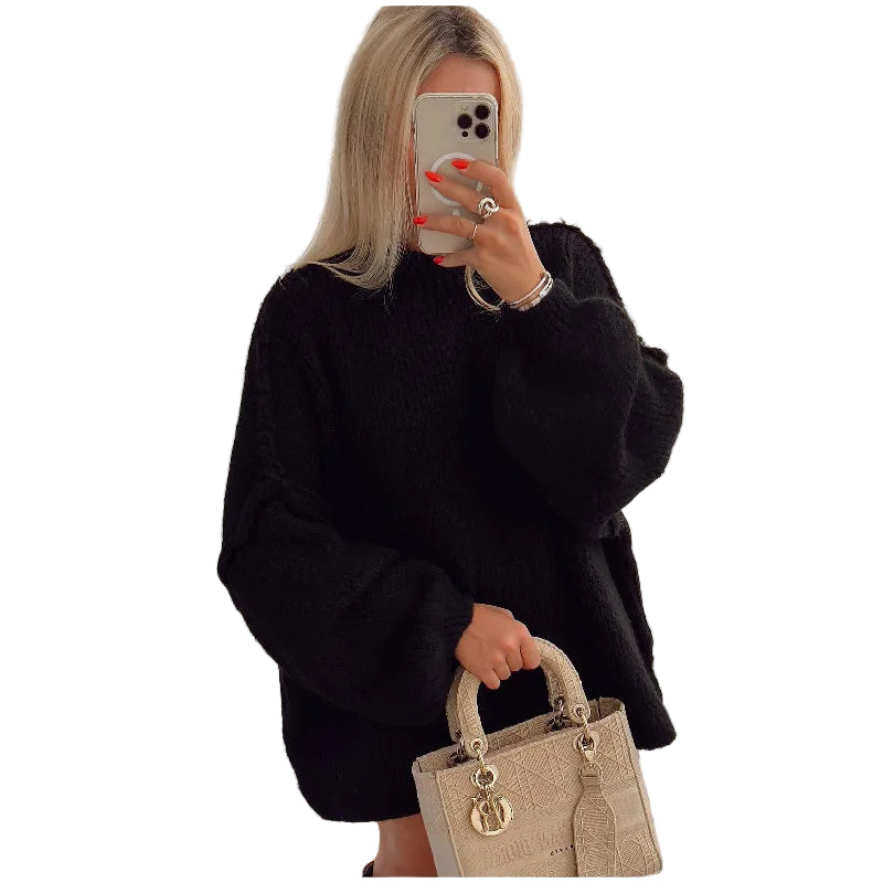 Oversized knitted jumper for women with stand-up collar