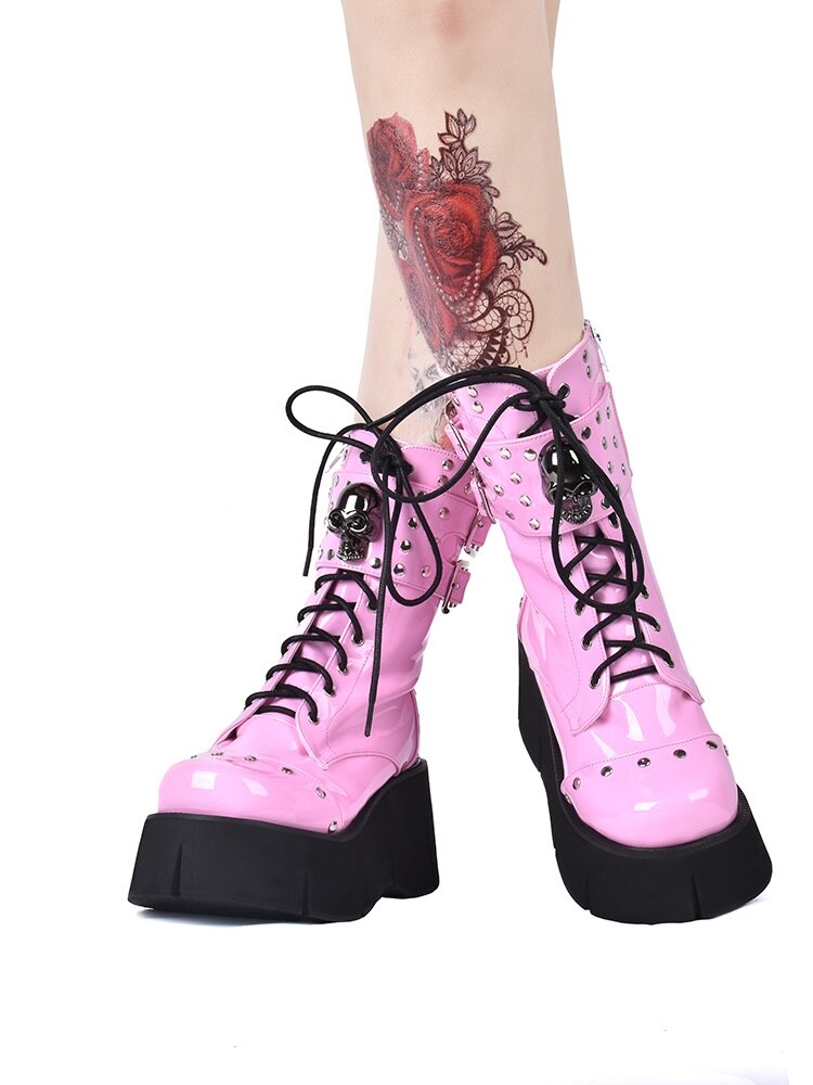 Pink Gothic Lace Up Platform Boots