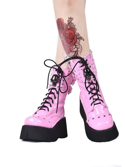 Pink Gothic Lace Up Platform Boots