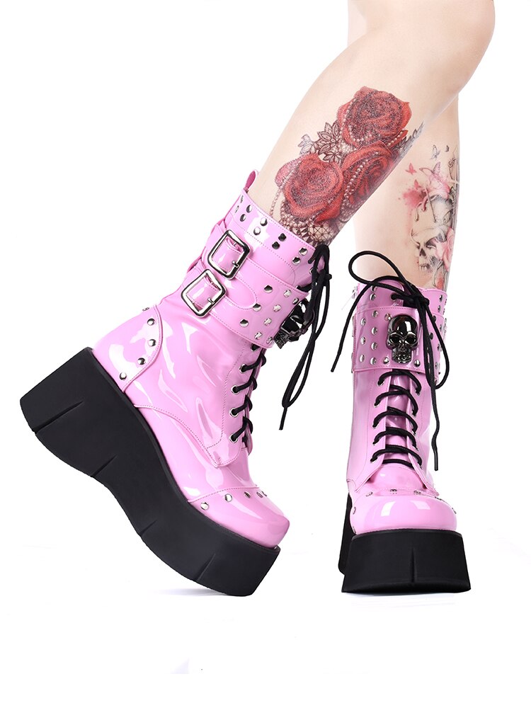 Pink Gothic Lace Up Platform Boots