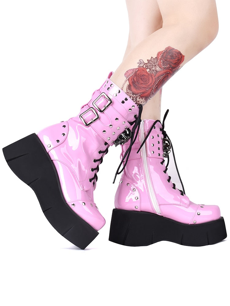 Pink Gothic Lace Up Platform Boots