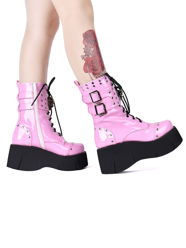Pink Gothic Lace Up Platform Boots