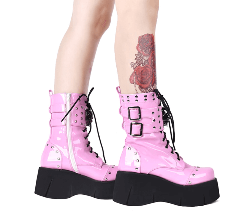Pink Gothic Lace Up Platform Boots