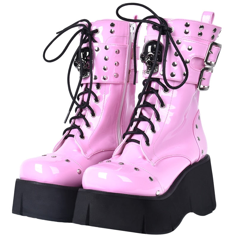 Pink Gothic Lace Up Platform Boots