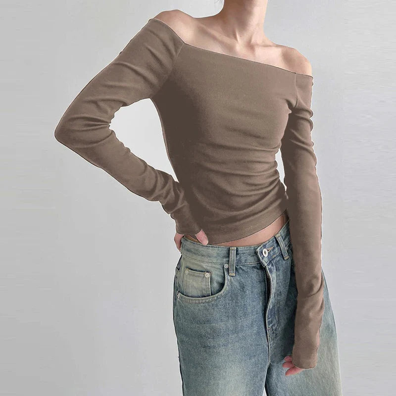 Plain Off Shoulder Long Sleeve Tops