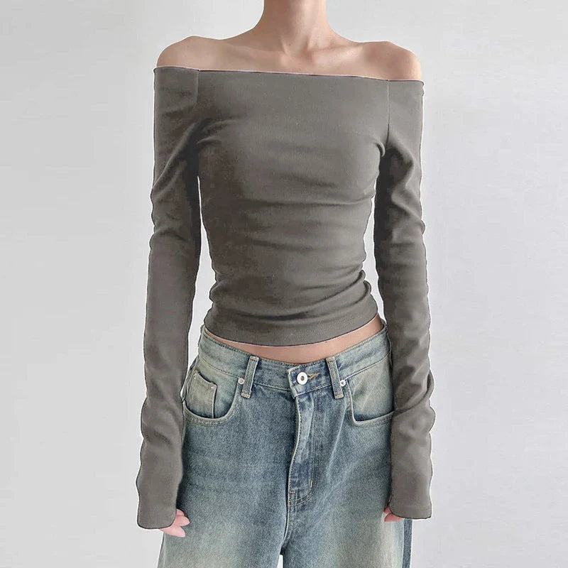 Plain Off Shoulder Long Sleeve Tops