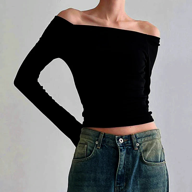 Plain Off Shoulder Long Sleeve Tops
