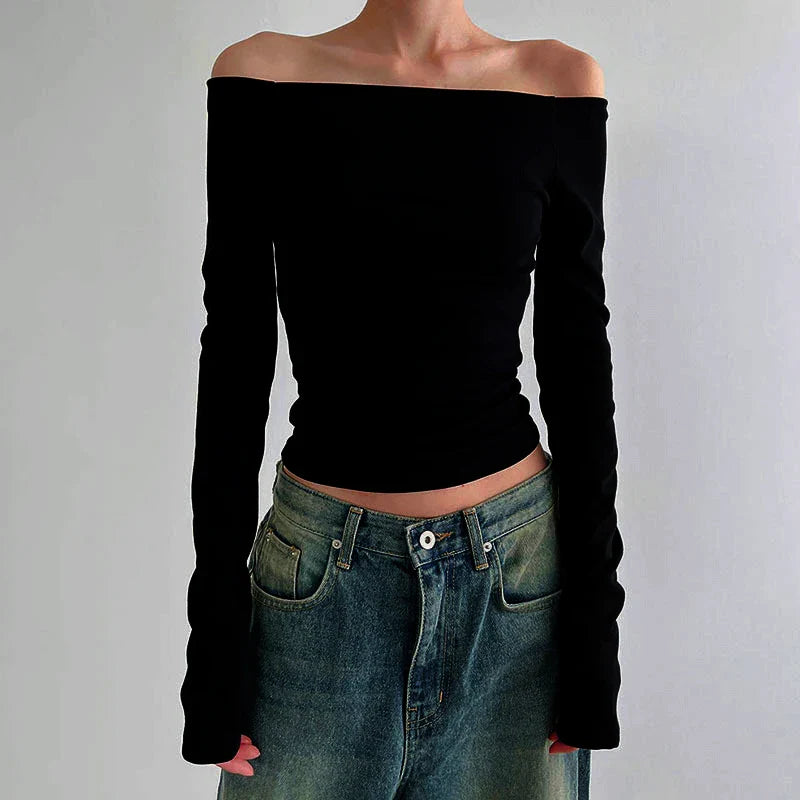 Plain Off Shoulder Long Sleeve Tops