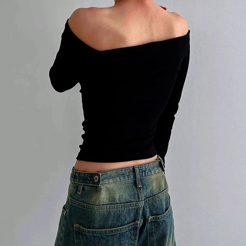Plain Off Shoulder Long Sleeve Tops