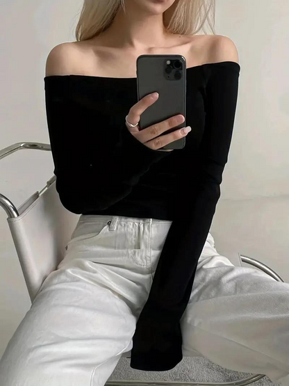 Plain Off Shoulder Long Sleeve Tops