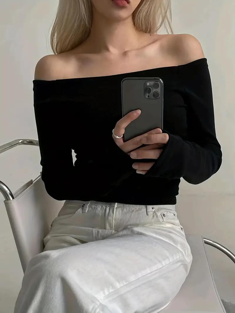 Plain Off Shoulder Long Sleeve Tops