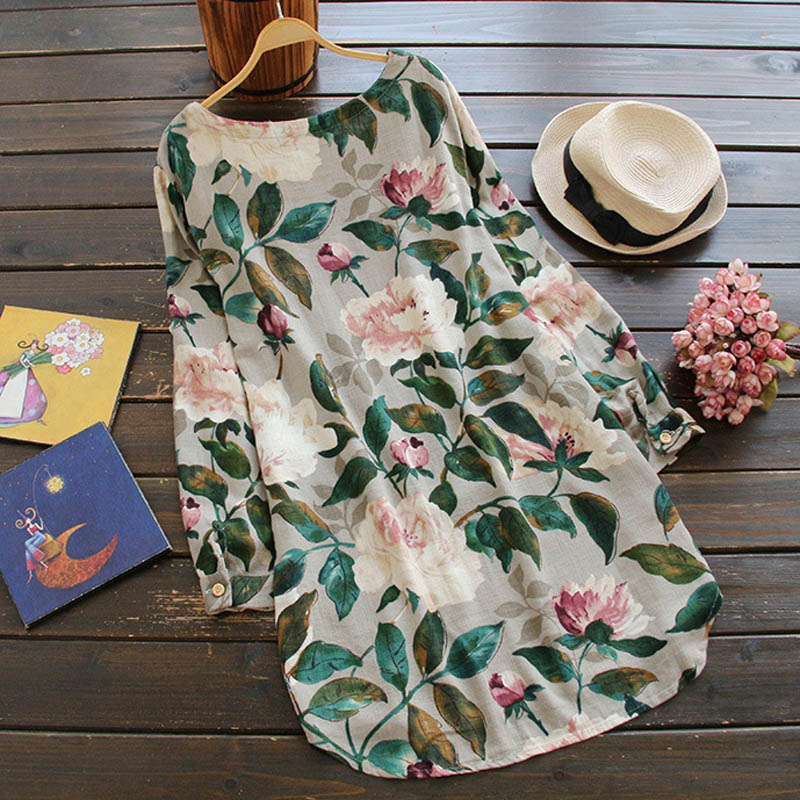 Retro Floral Long-Sleeved Dress
