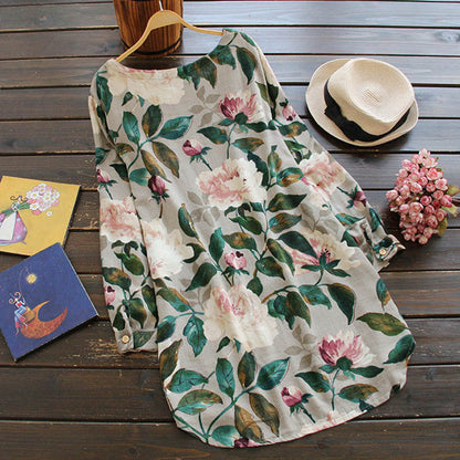Retro Floral Long-Sleeved Dress