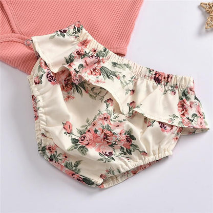 Ruffled Ribbed Floral Shorts Set