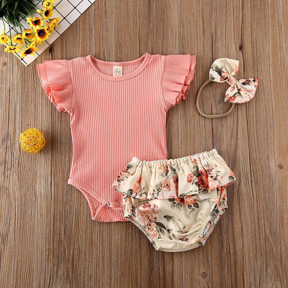 Ruffled Ribbed Floral Shorts Set