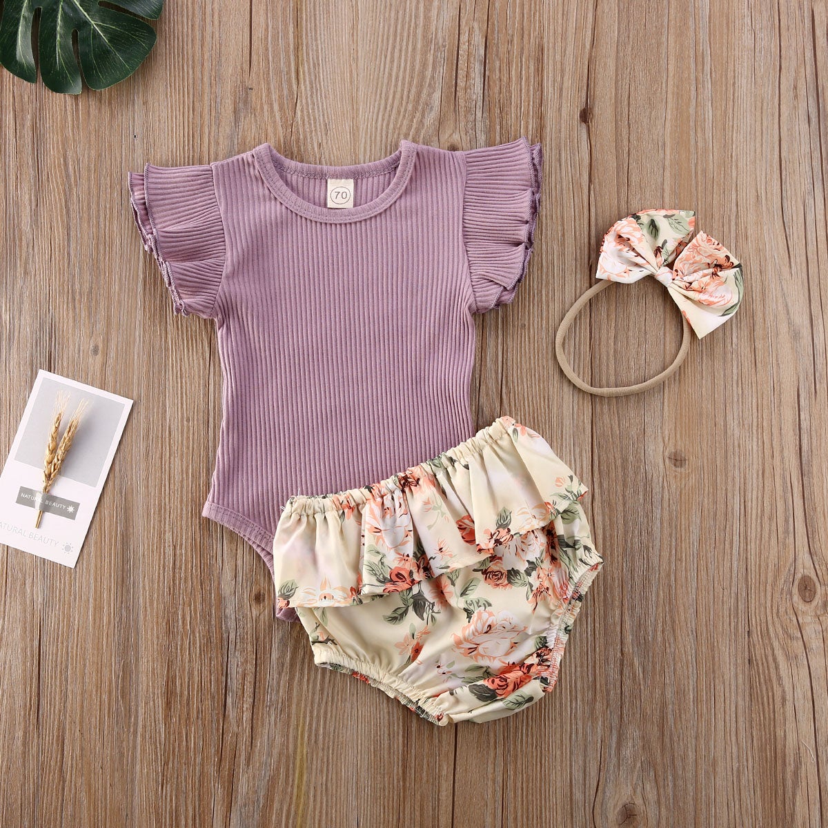 Ruffled Ribbed Floral Shorts Set