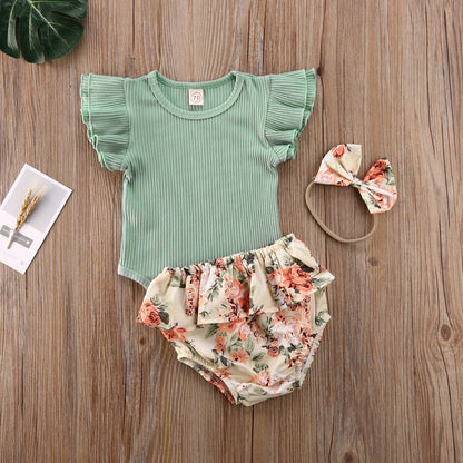 Ruffled Ribbed Floral Shorts Set