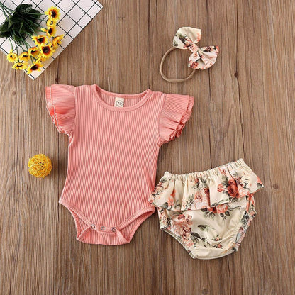 Ruffled Ribbed Floral Shorts Set