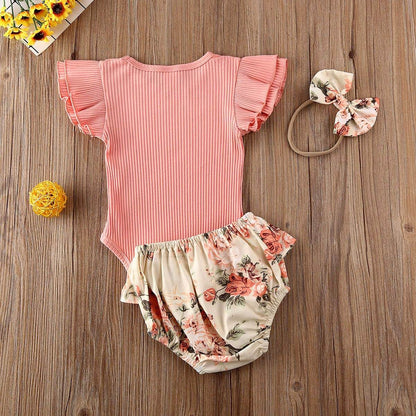 Ruffled Ribbed Floral Shorts Set