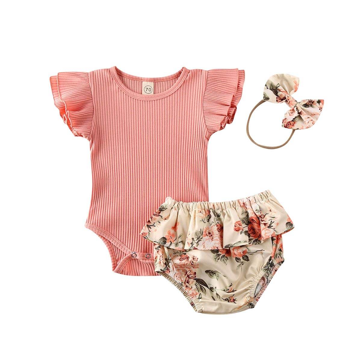 Ruffled Ribbed Floral Shorts Set
