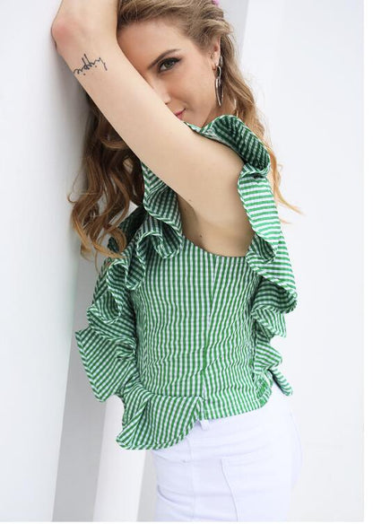 Single-shoulder striped blouse with flounce
