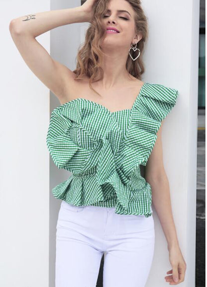 Single-shoulder striped blouse with flounce