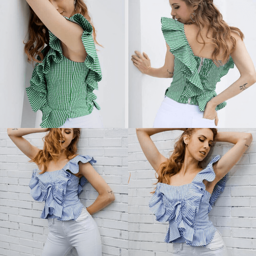 Single-shoulder striped blouse with flounce
