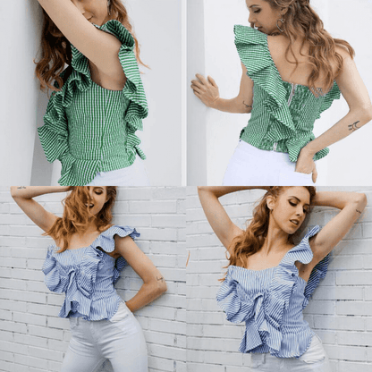 Single-shoulder striped blouse with flounce