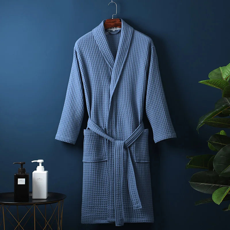 Unisex Bathrobe Waffle Texture Breathable Fabric With Adjustable Waistband and Pockets