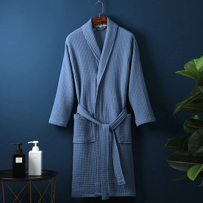 Unisex Bathrobe Waffle Texture Breathable Fabric With Adjustable Waistband and Pockets