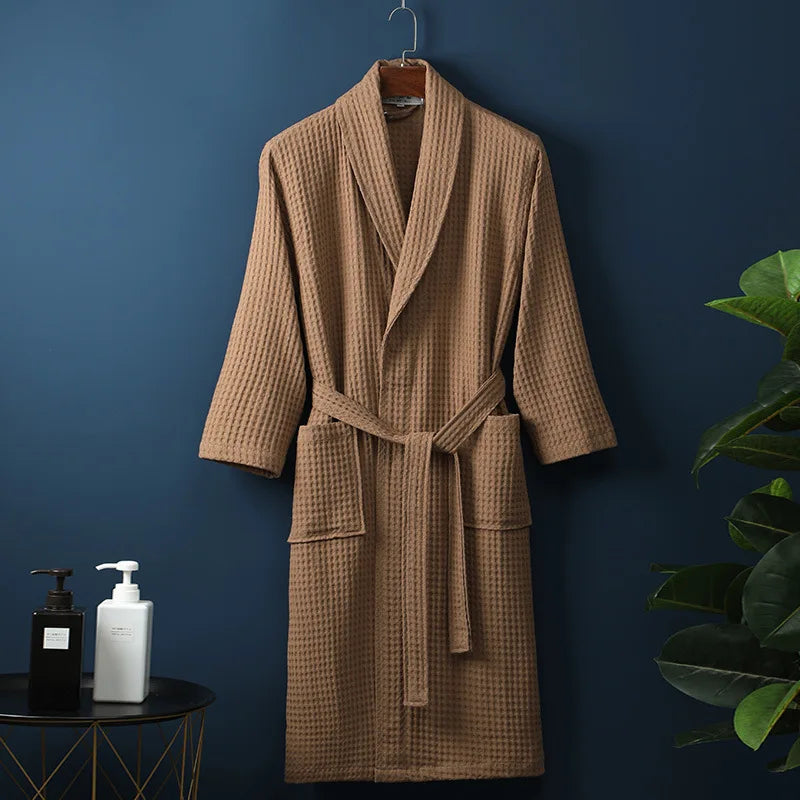 Unisex Bathrobe Waffle Texture Breathable Fabric With Adjustable Waistband and Pockets