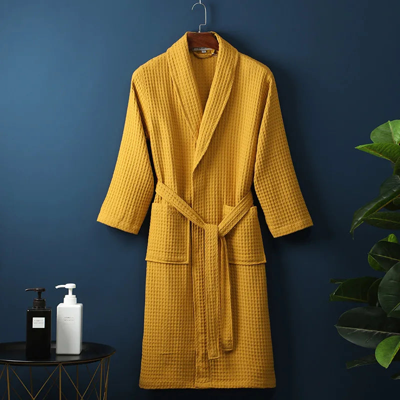 Unisex Bathrobe Waffle Texture Breathable Fabric With Adjustable Waistband and Pockets