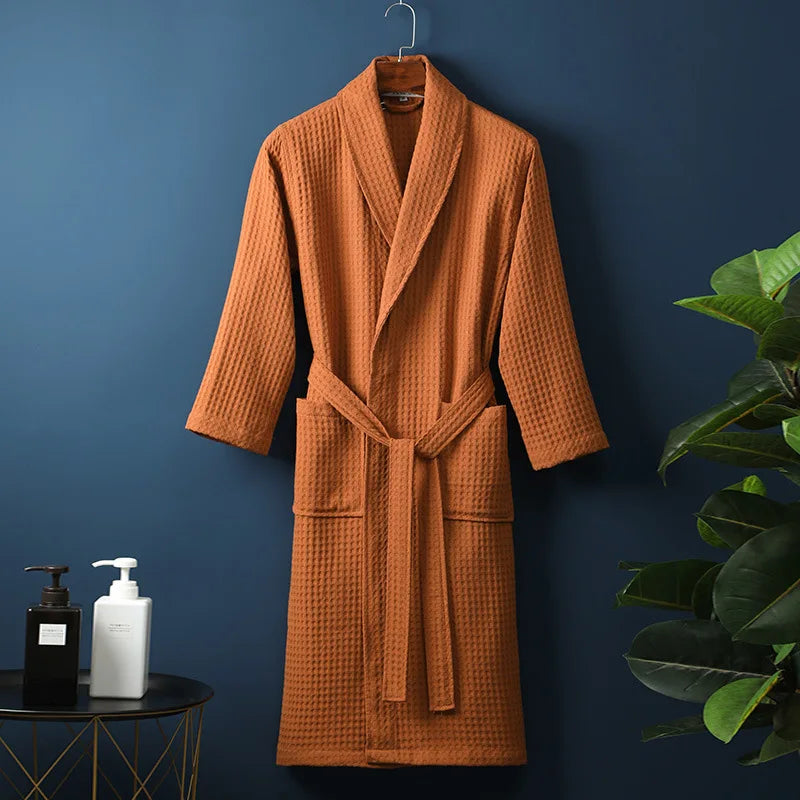 Unisex Bathrobe Waffle Texture Breathable Fabric With Adjustable Waistband and Pockets