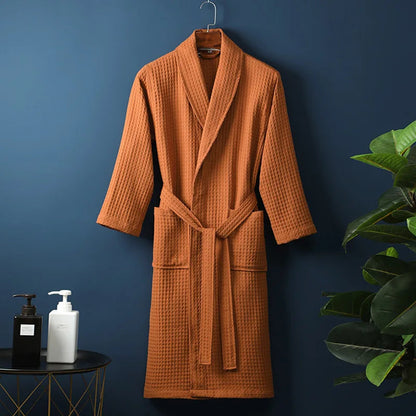 Unisex Bathrobe Waffle Texture Breathable Fabric With Adjustable Waistband and Pockets