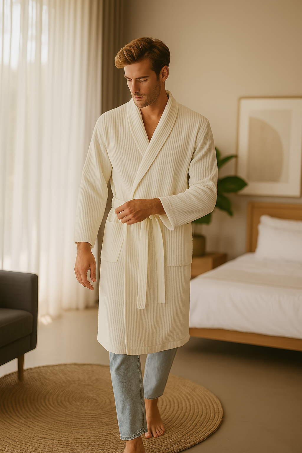 Unisex Bathrobe Waffle Texture Breathable Fabric With Adjustable Waistband and Pockets