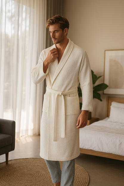 Unisex Bathrobe Waffle Texture Breathable Fabric With Adjustable Waistband and Pockets