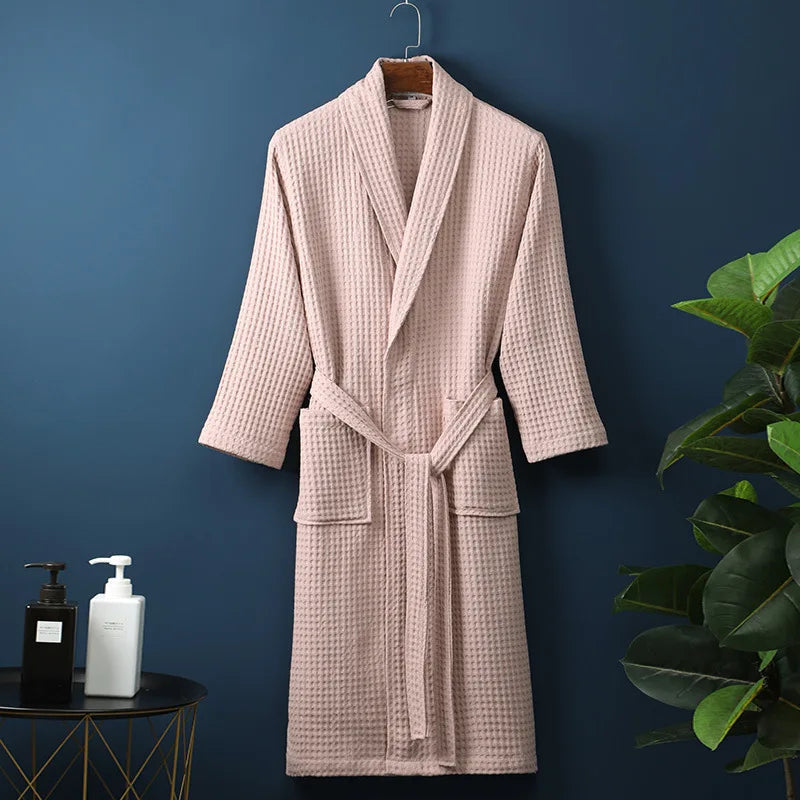 Unisex Bathrobe Waffle Texture Breathable Fabric With Adjustable Waistband and Pockets
