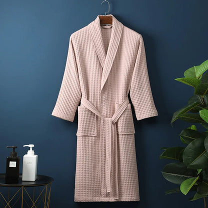 Unisex Bathrobe Waffle Texture Breathable Fabric With Adjustable Waistband and Pockets