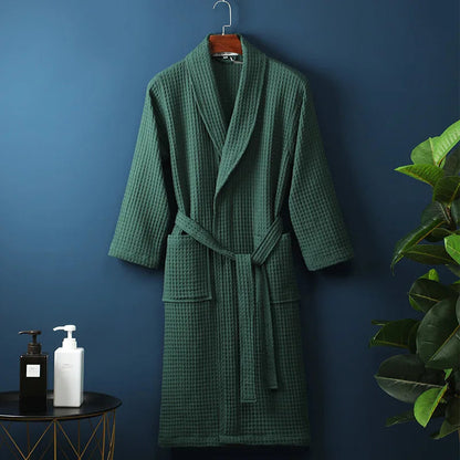 Unisex Bathrobe Waffle Texture Breathable Fabric With Adjustable Waistband and Pockets