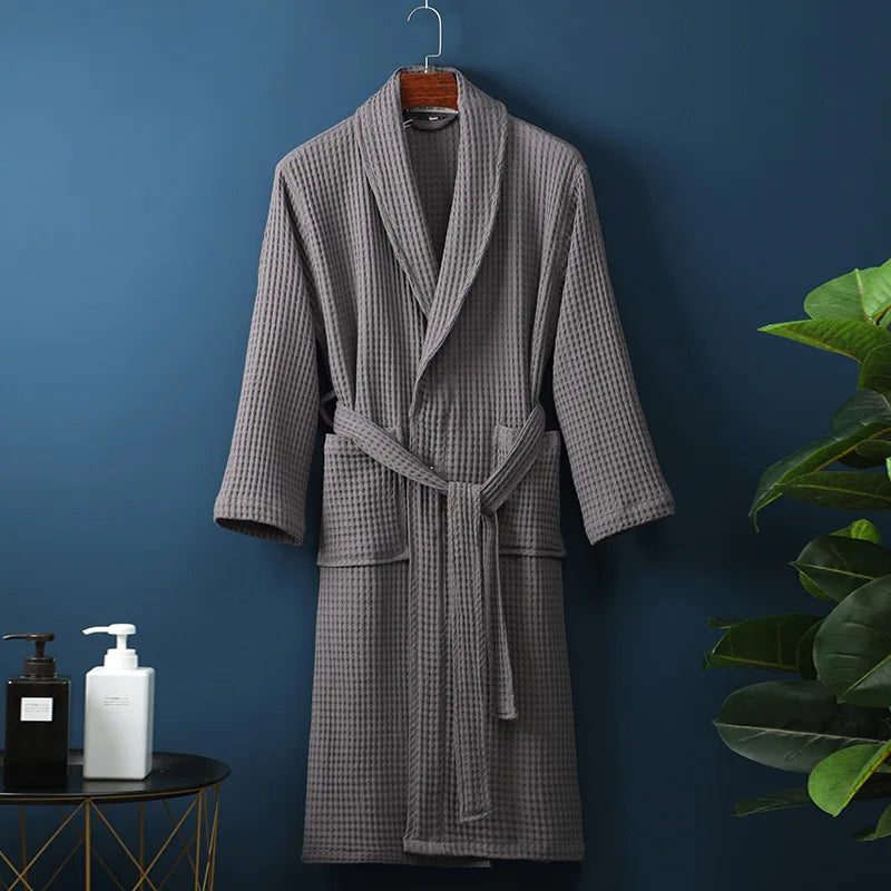 Unisex Bathrobe Waffle Texture Breathable Fabric With Adjustable Waistband and Pockets