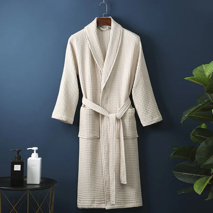Unisex Bathrobe Waffle Texture Breathable Fabric With Adjustable Waistband and Pockets
