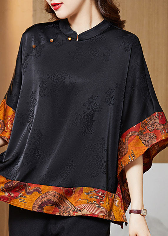 Vintage Black Mandarin Collar Asymmetric Patchwork Silk Blouse