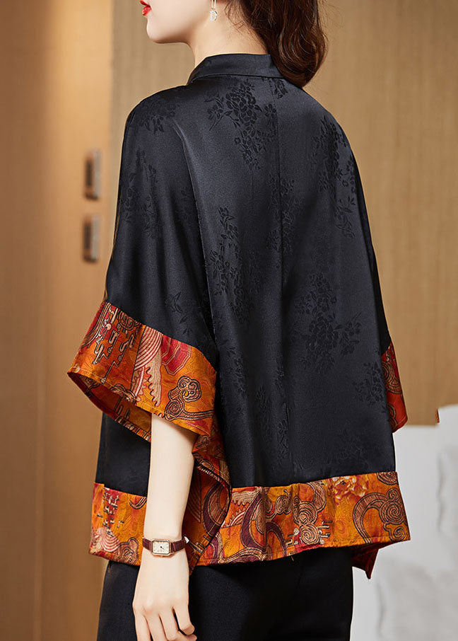 Vintage Black Mandarin Collar Asymmetric Patchwork Silk Blouse